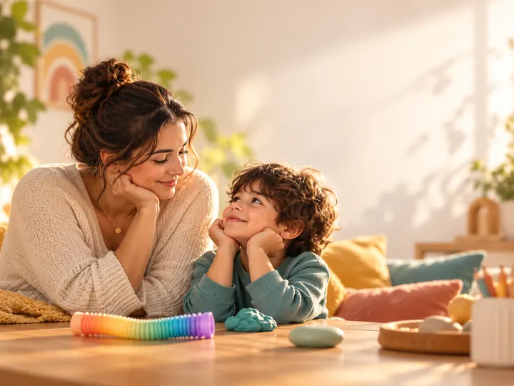 Mãe e filho apoiados na mesa, olhando um para o outro e sorrindo, com um pop tube e uma massinha à frente