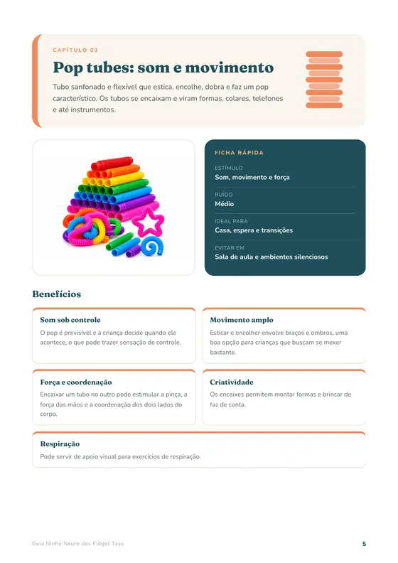 Página do Guia sobre pop tubes, com foto do recurso, ficha rápida, benefícios e formas de usar