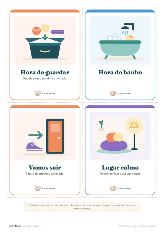 Página do bônus Kit de Cartões Visuais, com cartões ilustrados como hora de guardar, hora do banho, vamos sair e lugar calmo